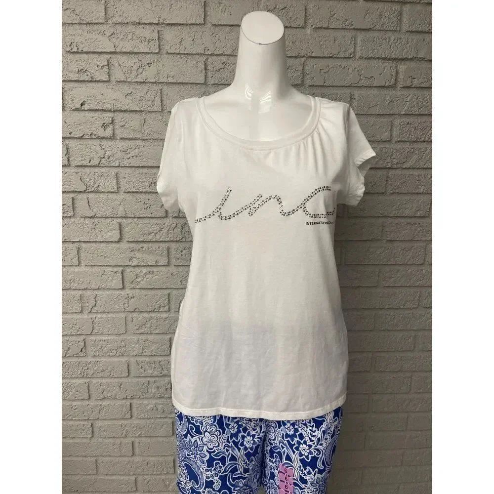INC International Concepts White Rhinestone Short Sleeve T-Shirt Size L